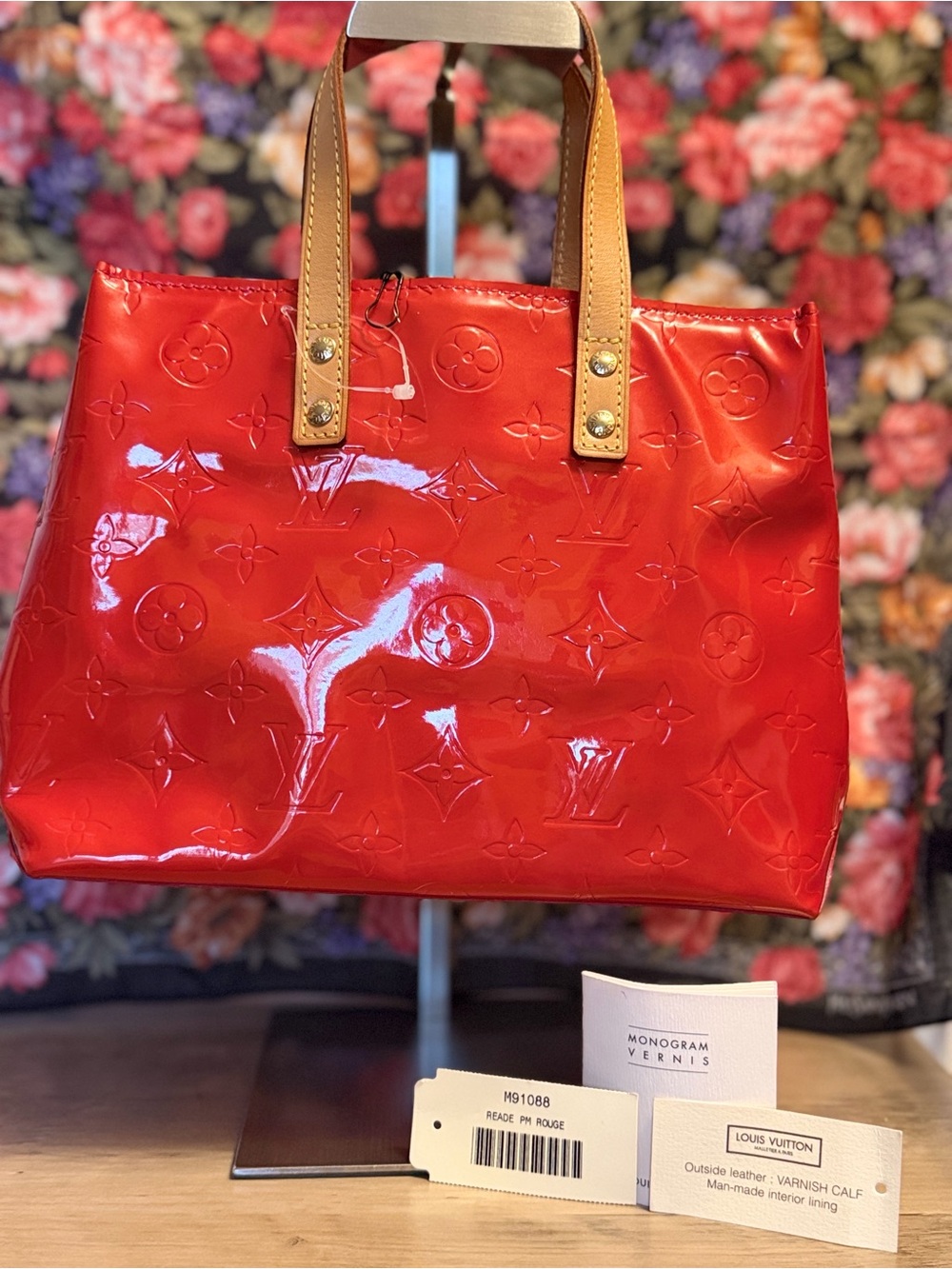 Louis Vuitton Glossy Red Vernis Monogram Tote with Tan Handles